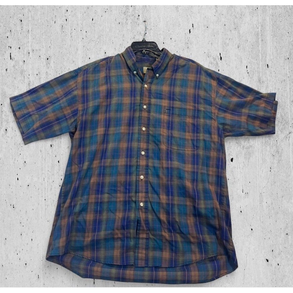 Men's Green Plaid Haggar Clothing Button Up Shirt Size Large Short Sleeves